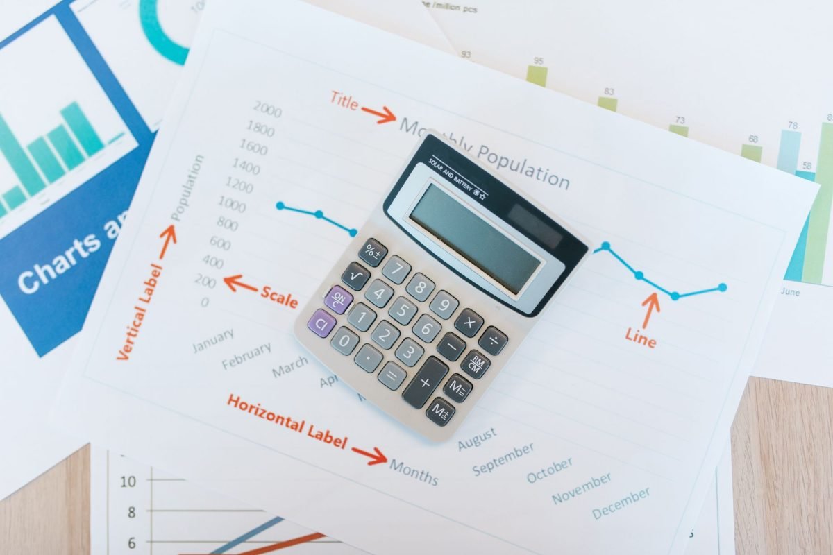 A calculator resting on financial graphs and reports