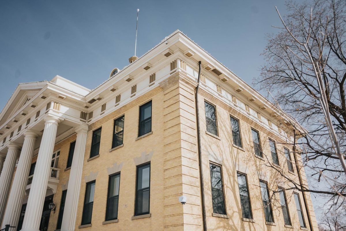 Low-angle view of the Box Elder County Courthouse in Brigham City, Utah