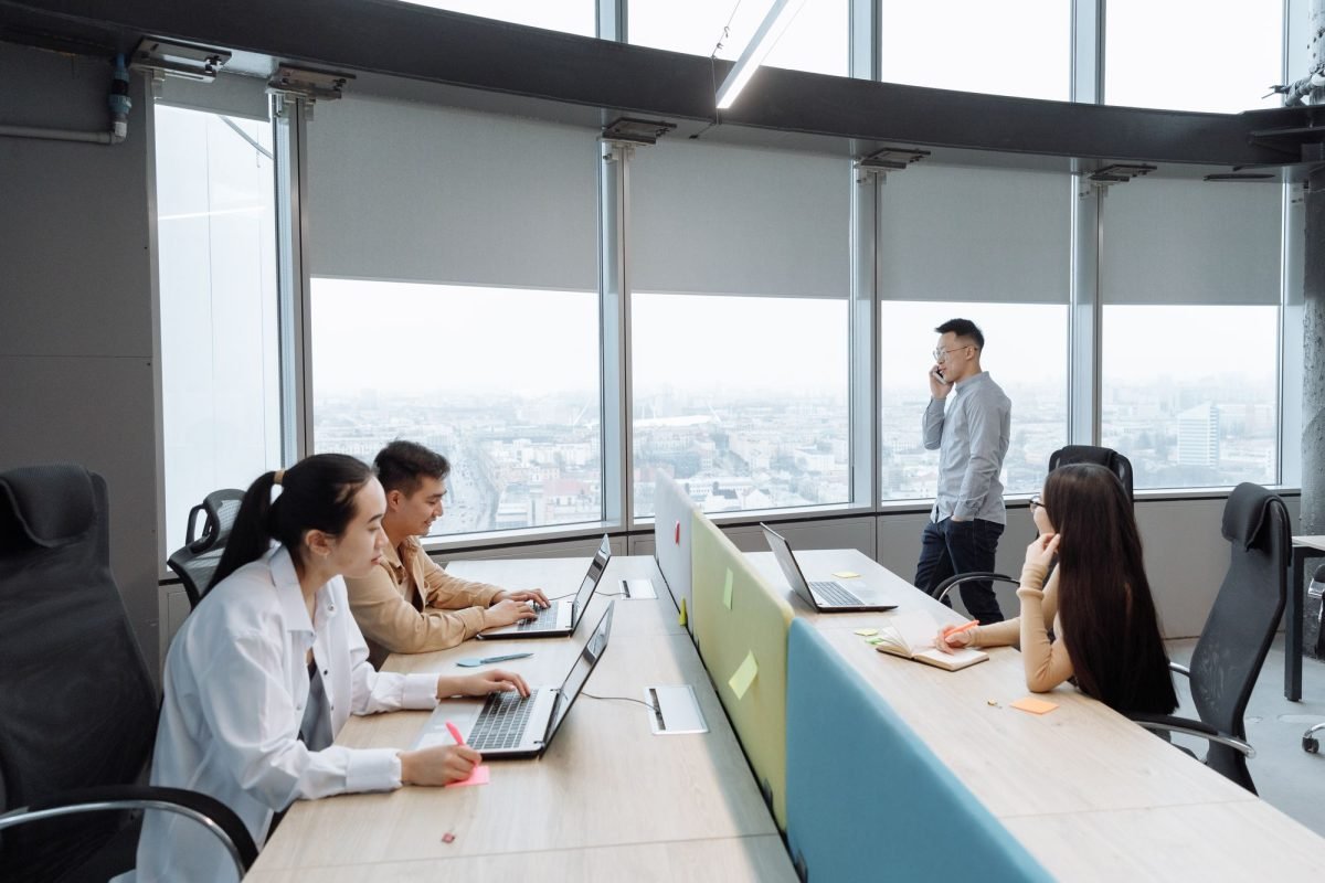 A business team working in a modern office